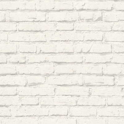 White Rustic Brick Effect Wallpaper, Scrubbable Hardwearing Vinyl Non-Woven Wallpaper
