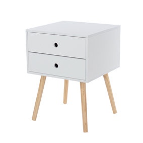 White scandia, 2 drawer bedside cabinet with wood legs
