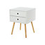 White scandia, 2 drawer bedside cabinet with wood legs