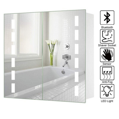 White Sensor Wall Bathroom Mirror Cabinet LED Lighting with Shaver Socket and Bluetooth Speaker 650 x 600 mm Price Comparisons | Compare The Build
