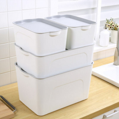White Set of 4 Stackable Plastic Desktop Organizer Storage Box with Lid for Kitchen