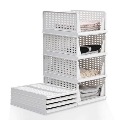 White Set of 4 Stackable PP Pull-Out Wardrobe Organiser Drawers