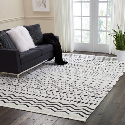 White Shaggy Modern Geometric Moroccan Rug Easy to clean Living Room Bedroom and Dining Room-160cm X 221cm