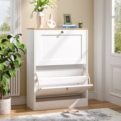 DIYART White Shoe Storage Cabinet - 3 Flip Drawers, Fits Up To Size 16 Shoes