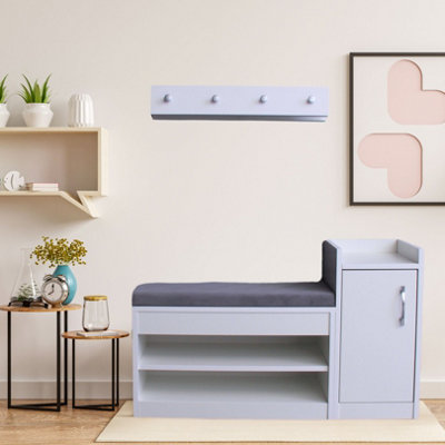White Shoe Racks Storage Bench with Coat Stand & Shelf Combo - Grey Cushion Shoe Storage Seat - Wallet and Key Holder Organizer