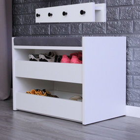 White Shoe Racks Storage Bench with Wall-Mounted Coat Stand - Grey Cushion Shoe Storage Seat - Wallet and Key Holder Organizer
