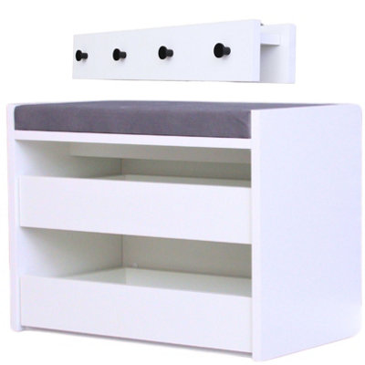 White Shoe Racks Storage Bench with Wall-Mounted Coat Stand - Grey Cushion Shoe Storage Seat - Wallet and Key Holder Organizer