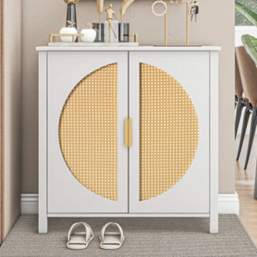White Sideboard Accent Cabinet with 2 Rattan Door, 3-tier Storage and Adjustable Shelves for Living Room and Bedroom
