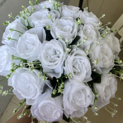 White Silk Rose Artificial Flower Bouquet - 18 Heads for Wedding & Home ...