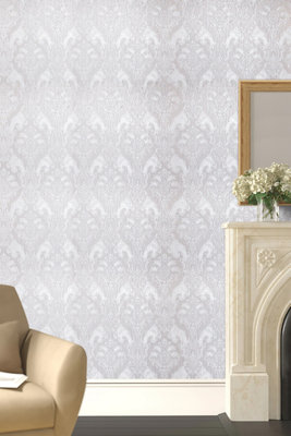 White Silver Glitter 3D Damask PVC Self Adhesive Patterned Wallpaper 2.25m²