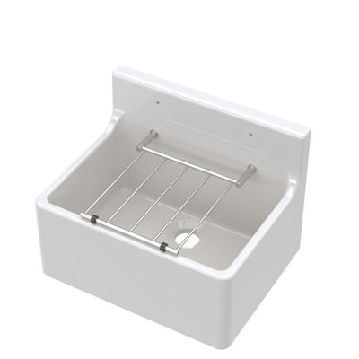 White Single Bowl Fireclay Cleaner Sink with Grill 515mm x 382mm x 393mm