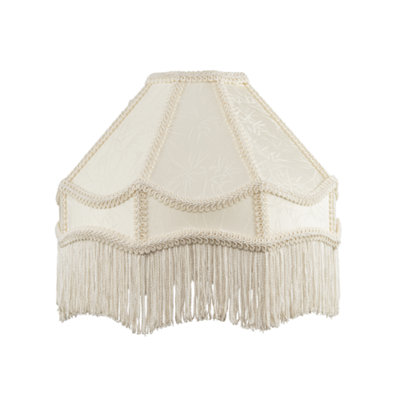 White Sleek Satin Victorian Lamp Shade with Floral Leaf Denergy savingr and White Tassels