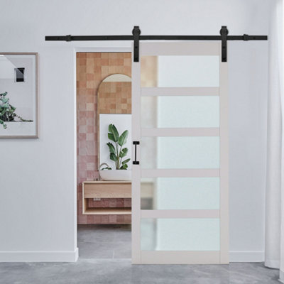White Sliding Internal Door 5 Panels Glass Interior Door 91cm W x  213cm H with Sliding Hardware Kit 200cm