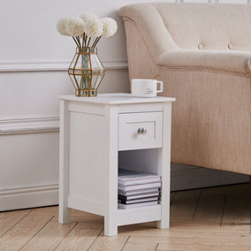White Small Side Table with Drawer for Living Room