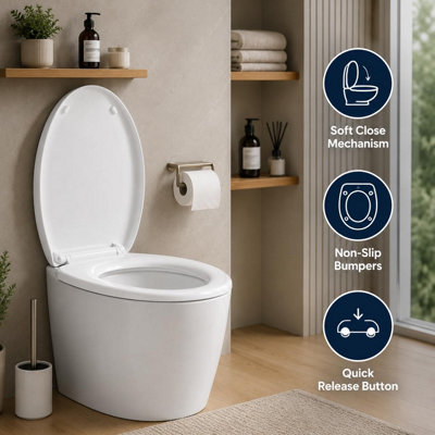 White Soft Close Toilet Seat with Quick Release & Top Fix Hinges Oval Shape