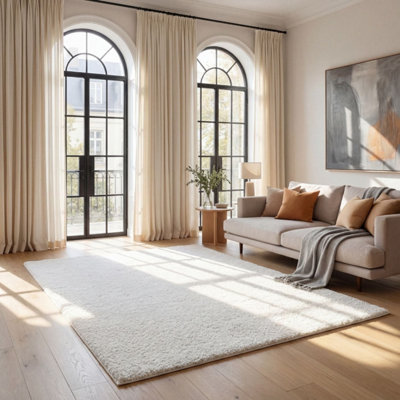 White Soft Plain Design Fluffy Shaggy Rugs and Runners High Pile Living ...