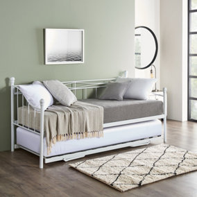 White Solid Metal Modern Single Trundle Bed Frame With Pull Out Bed