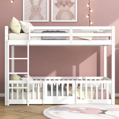 White Solid Pine 3FT Bunk Bed with Safety Fences, Door & Ladder - Ideal ...