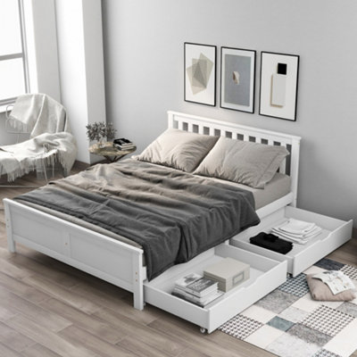 White Solid Pine 4ft6 Double Bed Frame with Integrated Storage Drawers ...