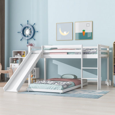 White Solid Wood Children's Bunk Bed with Slide & Adjustable Ladder