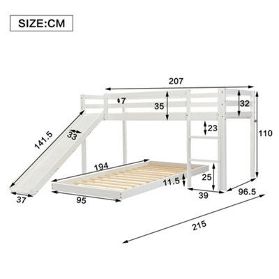 White Solid Wood Children's Bunk Bed with Slide & Adjustable Ladder