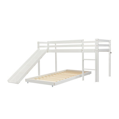 White Solid Wood Children's Bunk Bed with Slide & Adjustable Ladder