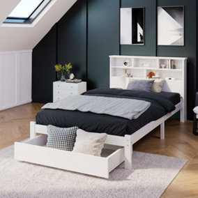 White Solid Wood Single Bed Frame with Storage Headboard and Underbed Drawer, 3FT Single (90 x 190 cm) Frame Only