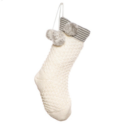 White Sparkle Chunky Knit Pom Pom Xmas Gift Decoration Christmas Stocking