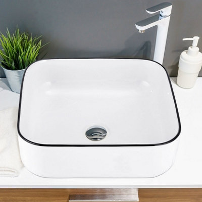 Ceramic Rectangular Bathroom Vessel Sink, Above Counter Vanity Sink With Faucet Combo Black Body With White Trim On The Top 16 X 12