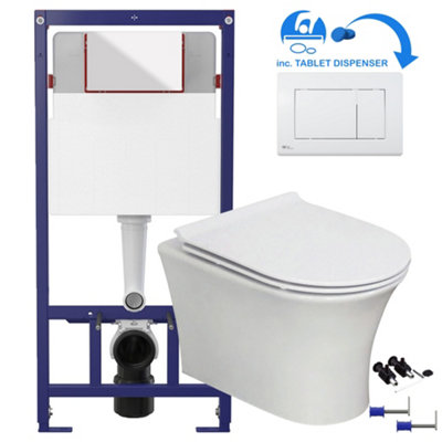 White Square Modern Rimless Wall Hung Pan & Soft Close Seat Bathroom Toilet & 1.12m Concealed WC Cistern Frame Set-Gloss White