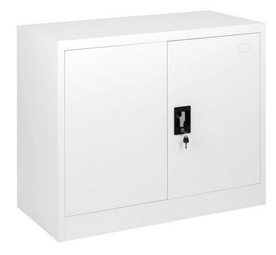 White Stainless Steel Filing cabinet with 1 Shelf - 2 Door Lockable Filing Cabinet - Metal Office Storage Cupboard Organiser