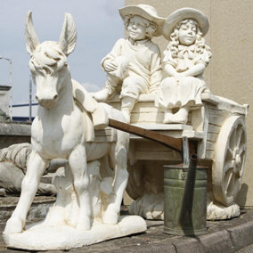 White Stone Cast Donkey and Cart with Children