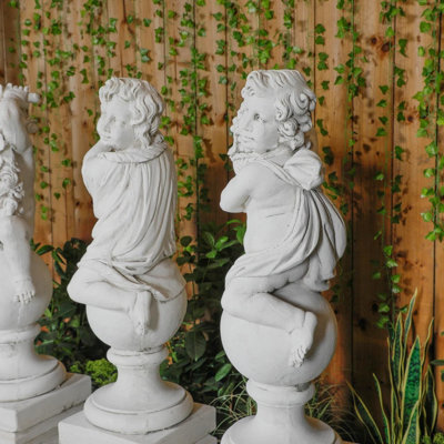 White Stone Cast Four Seasons Cherub Statues (Plinths not Included)