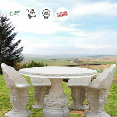 White Stone cast Oval Garden Table with Chairs