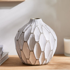 White Stoneware Vase Hexagonal Geometric Patterned Earthenware Flower Vase