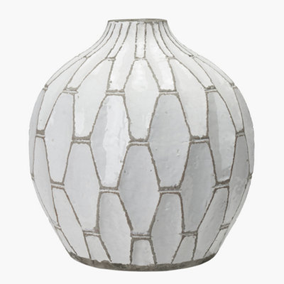White Stoneware Vase Hexagonal Geometric Patterned Earthenware Flower Vase