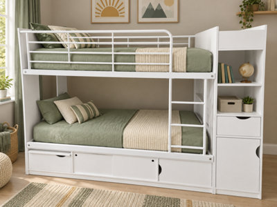 White Storage Bunk Bed with Shelves and Cupboard Single 3ft
