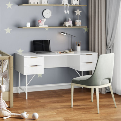 White Striped Office Table Study Desk with 4 Drawers