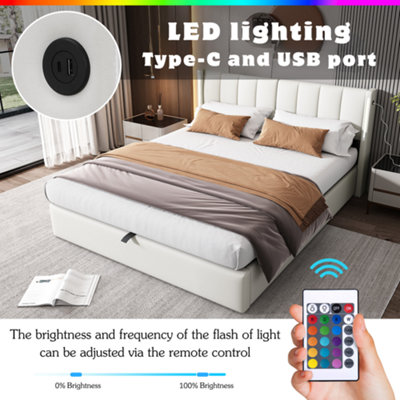 White Super King LED Upholstered Bed Frame with Hydraulic Lift Storage ...