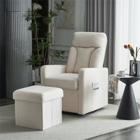White Swivel Chair with Footrest, Storage Pocket, Teddy Material, D28 Foam Padding, Detachable Backrest and Armrests