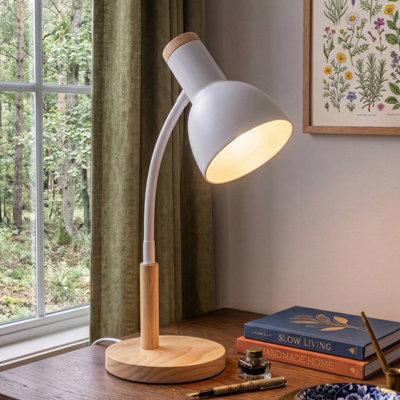White Table Lamp with Flexible Arm and Wooden Base