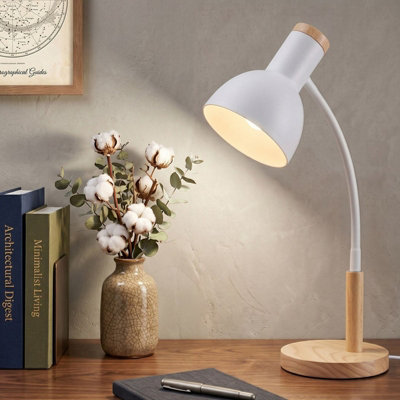 White Table Lamp with Flexible Arm and Wooden Base