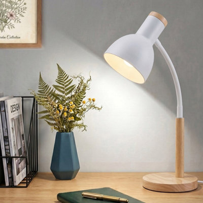 White Table Lamp with Flexible Arm and Wooden Base