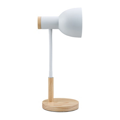 White Table Lamp with Flexible Arm and Wooden Base