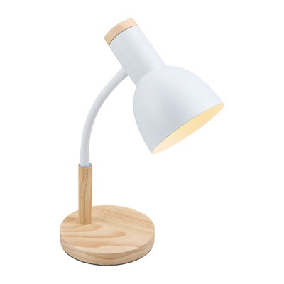 White Table Lamp with Flexible Arm and Wooden Base