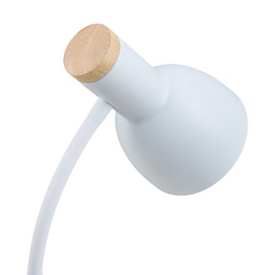 White Table Lamp with Flexible Arm and Wooden Base
