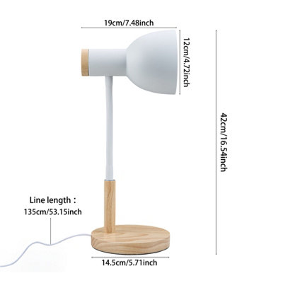 White Table Lamp with Flexible Arm and Wooden Base