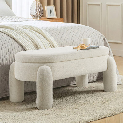 White Teddy Fleece Upholstered Storage Bench, 110cm W x 50cm D x 48cm H
