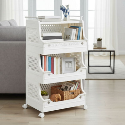 White Three-tier Mobile Storage Rack for Home Living Room, with Handles ...