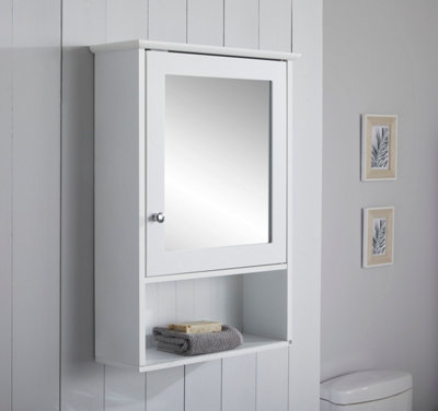 White Tongue & Groove Single Mirror Bathroom Storage Cabinet